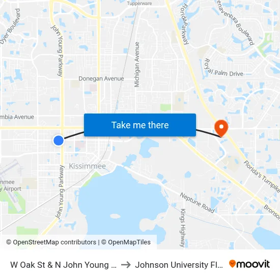 W Oak St & N John Young Pkwy to Johnson University Florida map