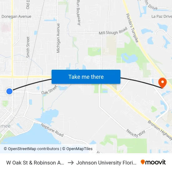 W Oak St & Robinson Ave to Johnson University Florida map