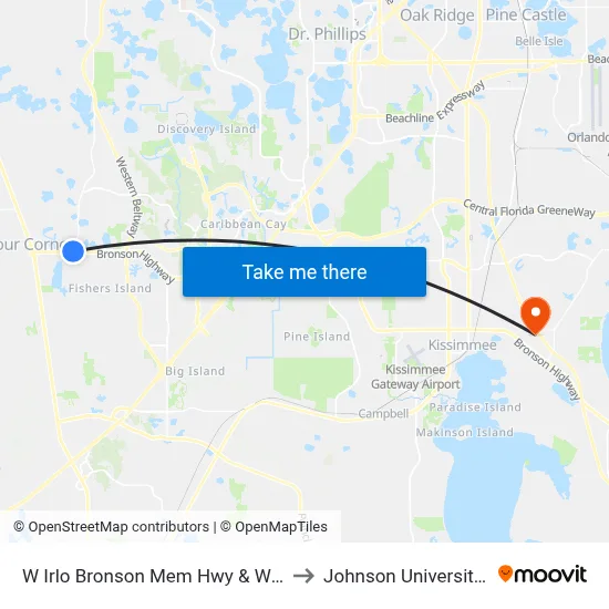 W Irlo Bronson Mem Hwy & Westside Blvd to Johnson University Florida map