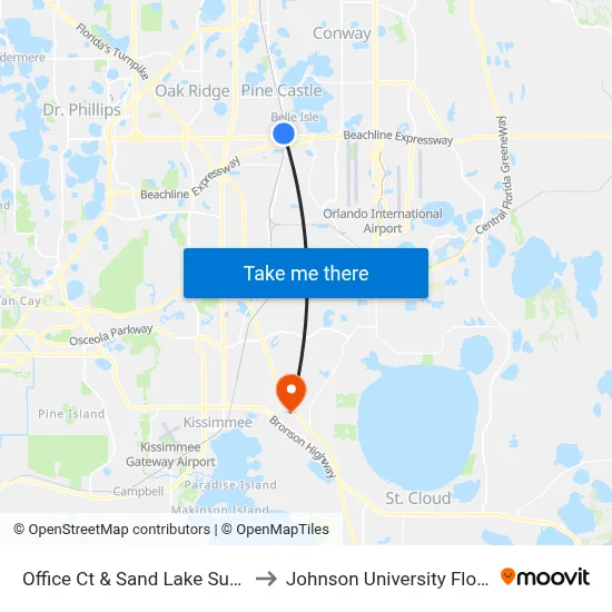 Office Ct & Sand Lake Sunrail to Johnson University Florida map