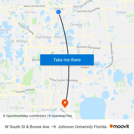 W South St & Boone Ave to Johnson University Florida map