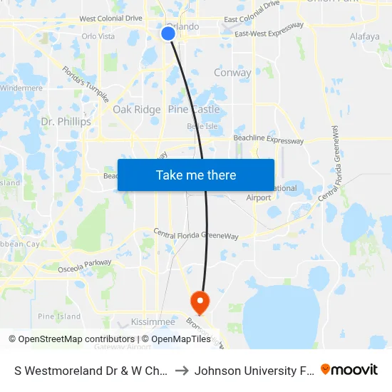 S Westmoreland Dr & W Church St to Johnson University Florida map