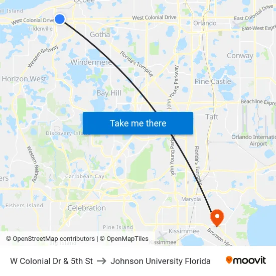 W Colonial Dr & 5th St to Johnson University Florida map