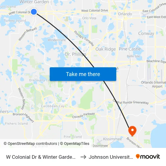 W Colonial Dr & Winter Garden Vineland Rd to Johnson University Florida map