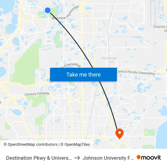 Destination Pkwy & Universal Blvd to Johnson University Florida map