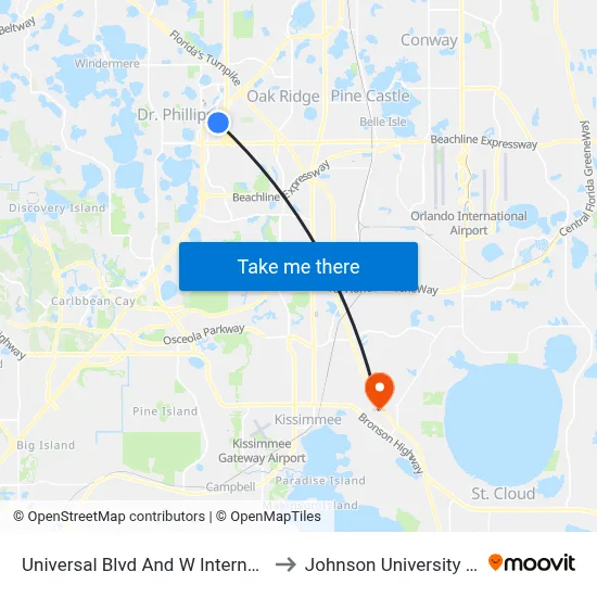 Universal Blvd And W International Dr to Johnson University Florida map