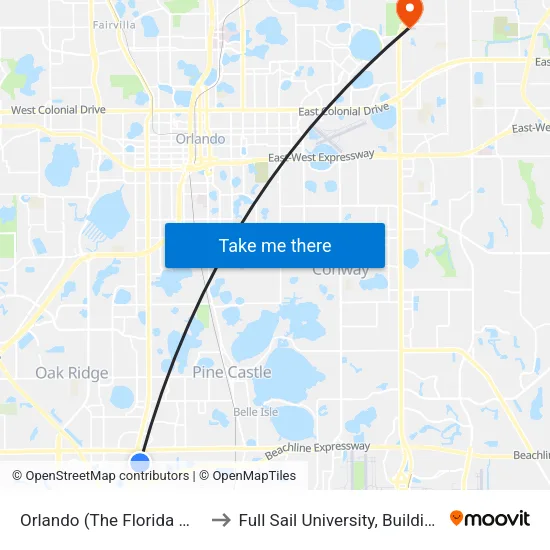 Orlando (The Florida Mall) to Full Sail University, Building 5 map