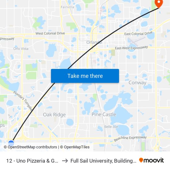 12 - Uno Pizzeria & Grill to Full Sail University, Building 5 map