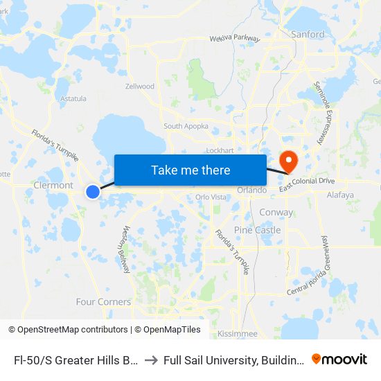 Fl-50/S Greater Hills Blvd to Full Sail University, Building 5 map