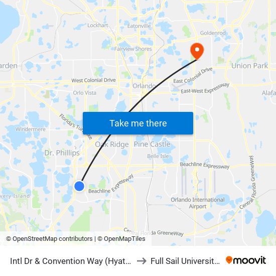 Intl Dr & Convention Way (Hyatt Regency Orlando) to Full Sail University, Building 5 map