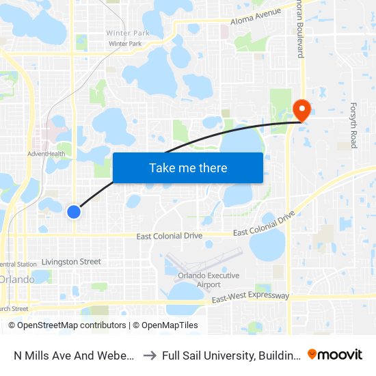 N Mills Ave And Weber St to Full Sail University, Building 5 map