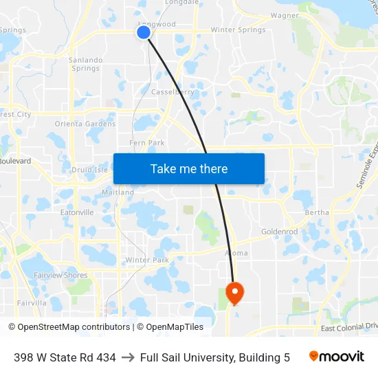 398 W State Rd 434 to Full Sail University, Building 5 map
