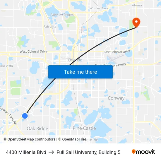 4400 Millenia Blvd to Full Sail University, Building 5 map