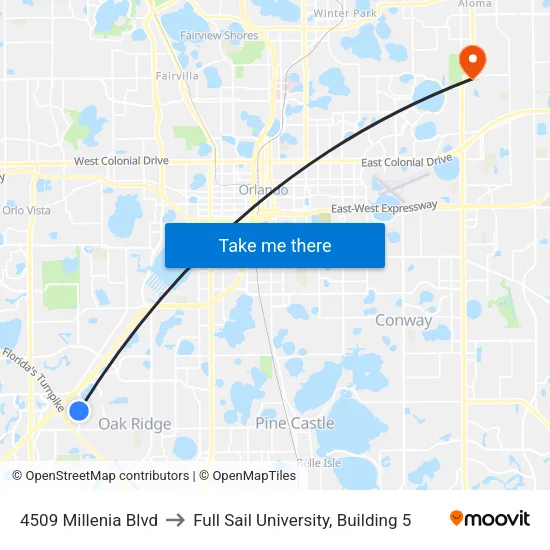 4509 Millenia Blvd to Full Sail University, Building 5 map