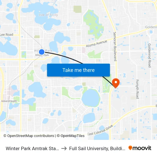 Winter Park Amtrak Station to Full Sail University, Building 5 map
