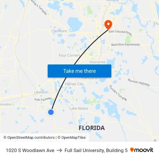 1020 S Woodlawn Ave to Full Sail University, Building 5 map