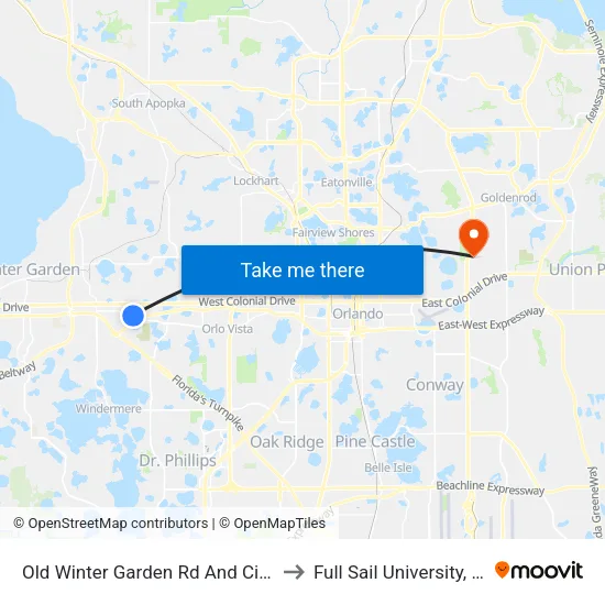 Old Winter Garden Rd And Citrus Oaks Ave to Full Sail University, Building 5 map