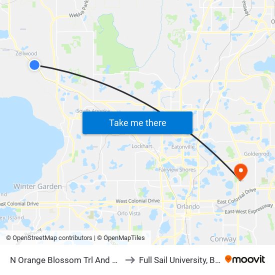 N Orange Blossom Trl And Junction Rd to Full Sail University, Building 5 map