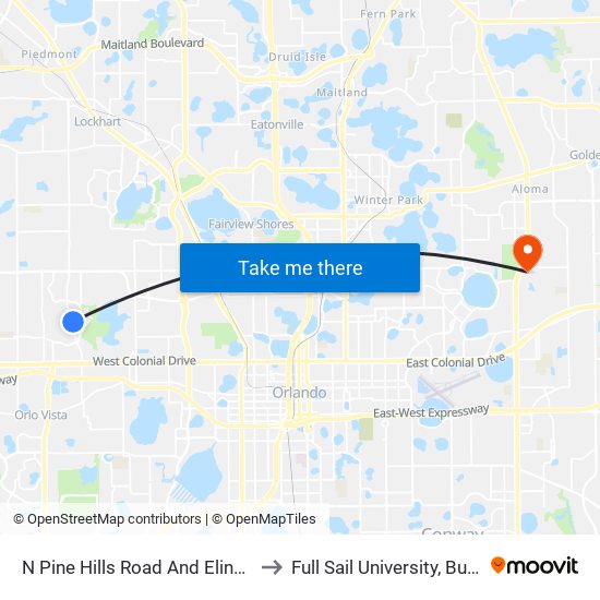 N Pine Hills Road And Elinore Drive to Full Sail University, Building 5 map