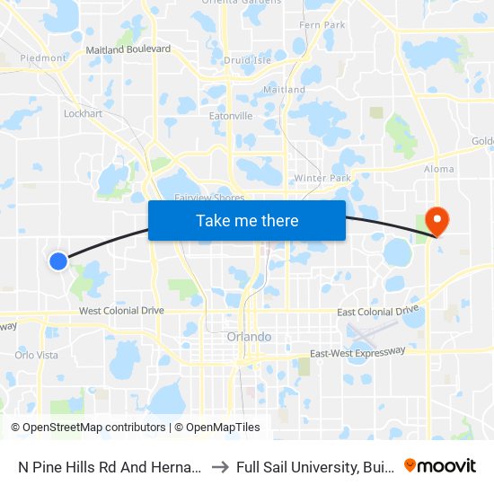 N Pine Hills Rd And Hernandes Dr to Full Sail University, Building 5 map