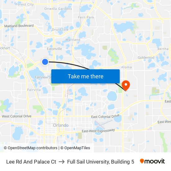 Lee Rd And Palace Ct to Full Sail University, Building 5 map