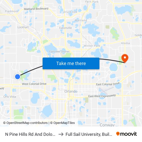 N Pine Hills Rd And Dolores Dr to Full Sail University, Building 5 map