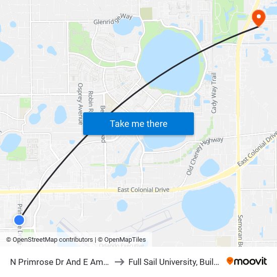 N Primrose Dr And E Amelia St to Full Sail University, Building 5 map