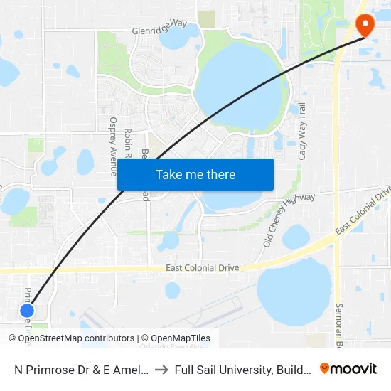 N Primrose Dr & E Amelia St to Full Sail University, Building 5 map