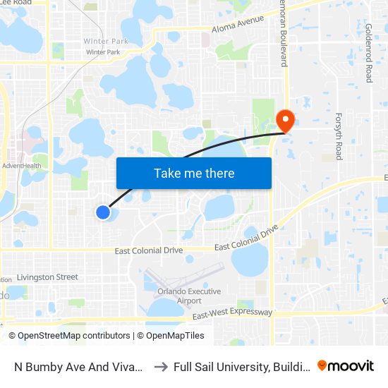 N Bumby Ave And Vivada St to Full Sail University, Building 5 map