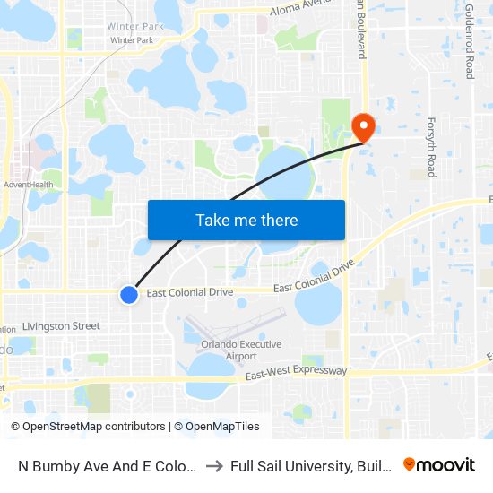 N Bumby Ave And E Colonial Dr to Full Sail University, Building 5 map