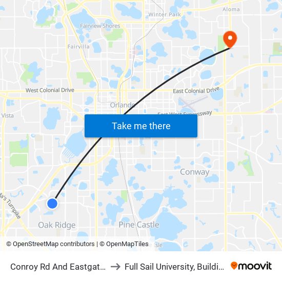 Conroy Rd And Eastgate Dr to Full Sail University, Building 5 map