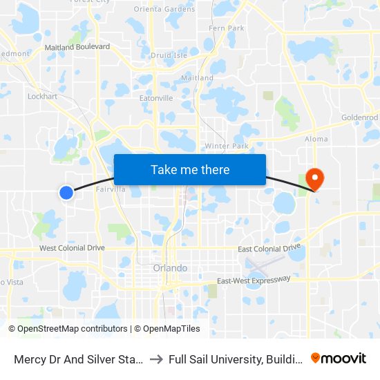 Mercy Dr And Silver Star Rd to Full Sail University, Building 5 map