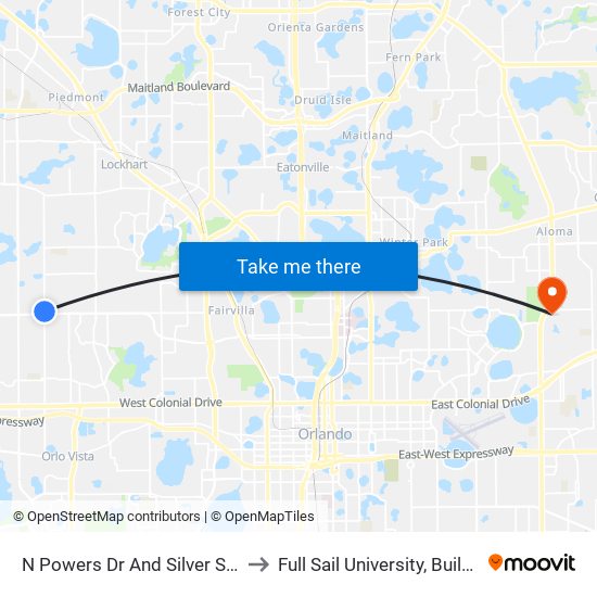 N Powers Dr And Silver Star Rd to Full Sail University, Building 5 map