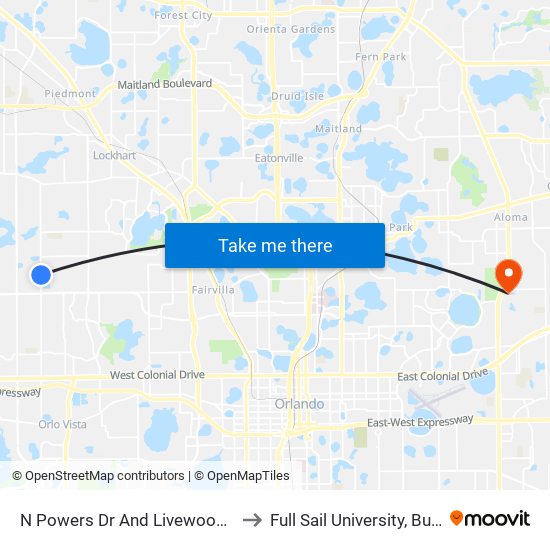 N Powers Dr And Livewood Oaks Dr to Full Sail University, Building 5 map