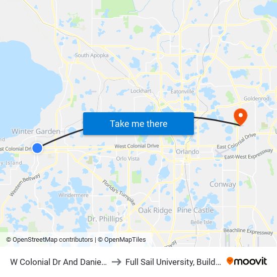 W Colonial Dr And Daniels Rd to Full Sail University, Building 5 map