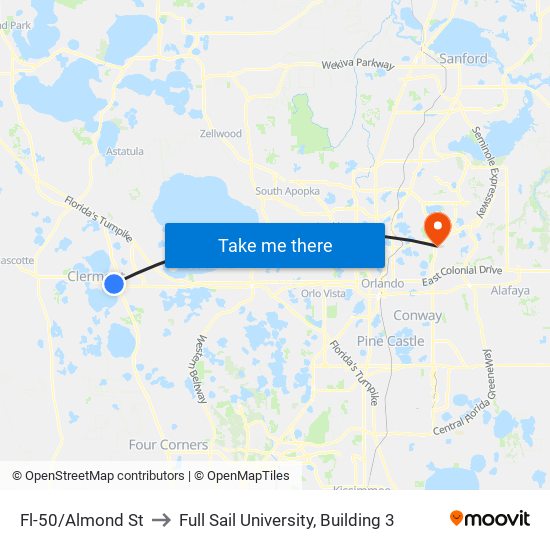 Fl-50/Almond St to Full Sail University, Building 3 map