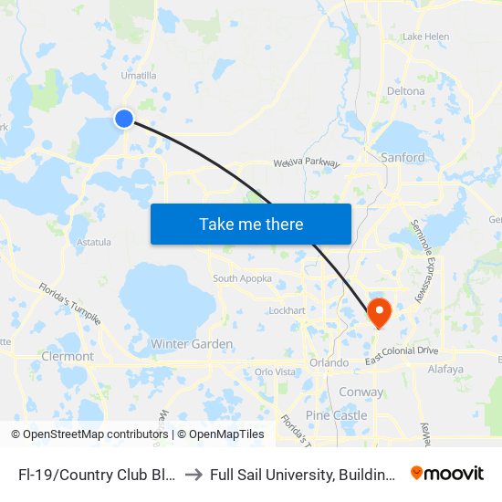 Fl-19/Country Club Blvd to Full Sail University, Building 3 map