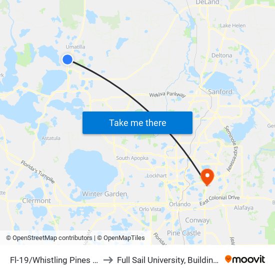 Fl-19/Whistling Pines Rd to Full Sail University, Building 3 map