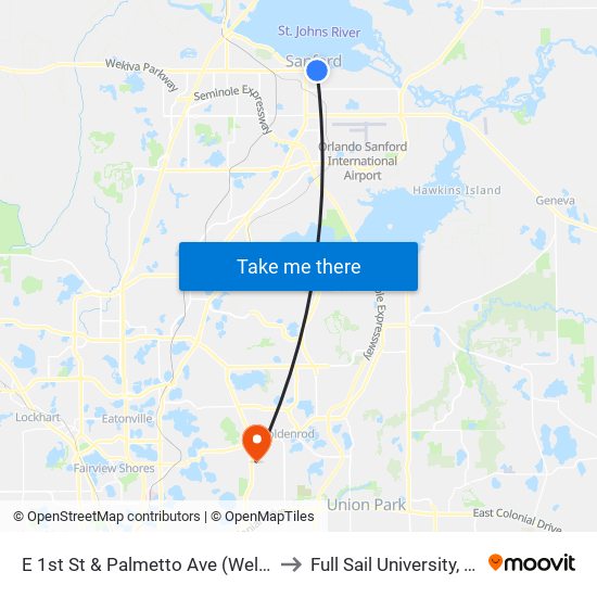 E 1st St & Palmetto Ave (Welcome Center) to Full Sail University, Building 3 map