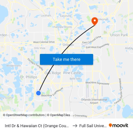 Intl Dr & Hawaiian Ct (Orange County Convention Ctr N/S Concourse) to Full Sail University, Building 3 map