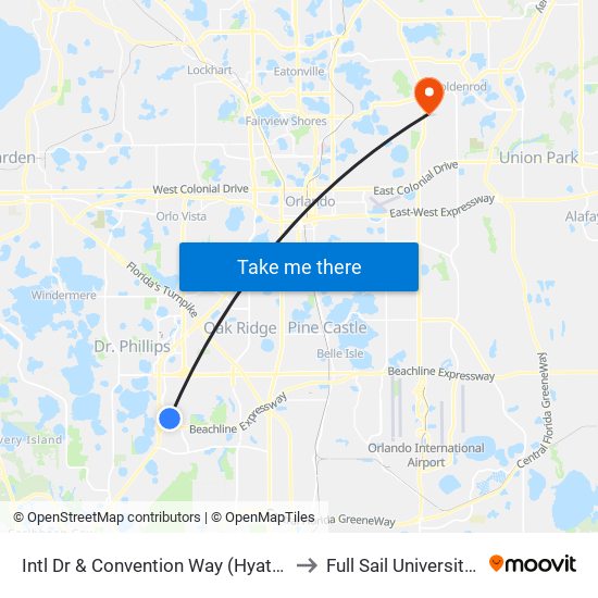 Intl Dr & Convention Way (Hyatt Regency Orlando) to Full Sail University, Building 3 map