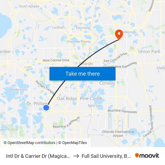 Intl Dr & Carrier Dr (Magical Midway) to Full Sail University, Building 3 map