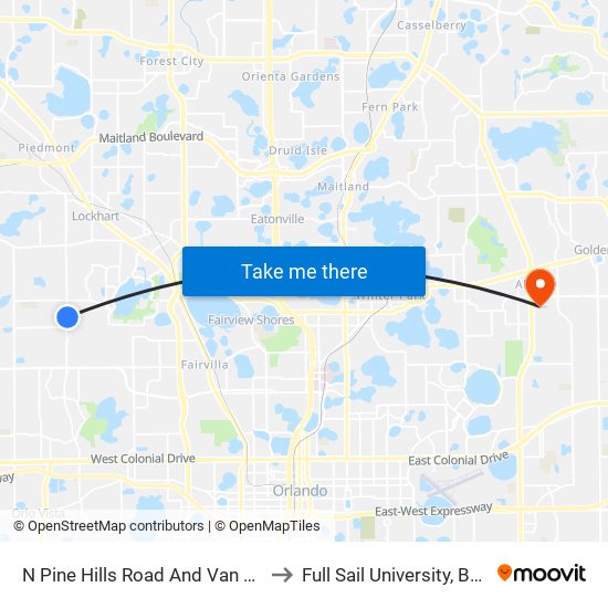 N Pine Hills Road And Van Aken Drive to Full Sail University, Building 3 map