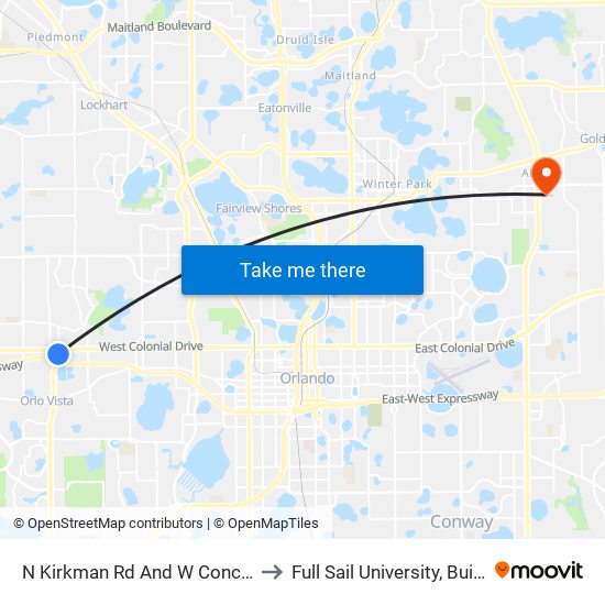 N Kirkman Rd And W Concord Ave to Full Sail University, Building 3 map