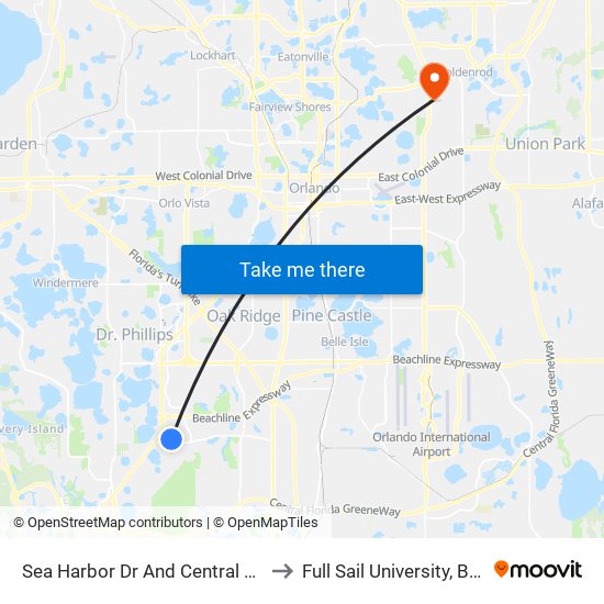 Sea Harbor Dr And Central Florida Pky to Full Sail University, Building 3 map