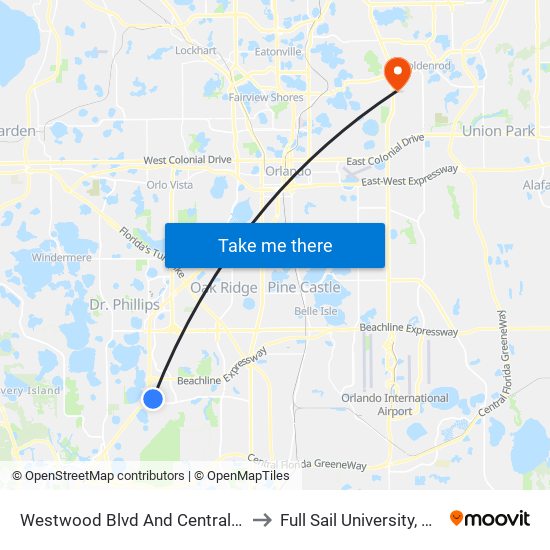 Westwood Blvd And Central Florida Pky to Full Sail University, Building 3 map