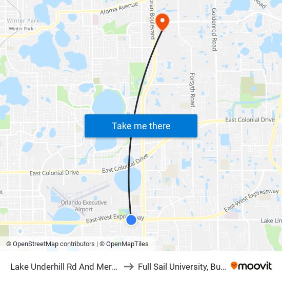 Lake Underhill Rd And Mercado Ave to Full Sail University, Building 3 map