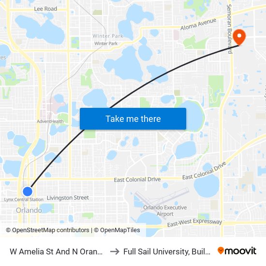 W Amelia St And N Orange Ave to Full Sail University, Building 3 map