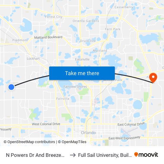 N Powers Dr And Breezewood St to Full Sail University, Building 3 map