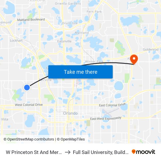 W Princeton St And Mercy Dr to Full Sail University, Building 3 map